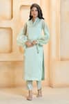 Shop_Ariyana Couture_Green Kurta- Linen Satin And Pant- Cotton Puffed Sleeve & Hem Set For Women_Online_at_Aza_Fashions