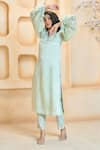 Ariyana Couture_Green Kurta- Linen Satin And Pant- Cotton Puffed Sleeve & Hem Set For Women_at_Aza_Fashions