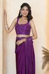 Buy_Aariyana Couture_Purple Saree- Modal Satin And Blouse- Dupion Hand Embroidered Pre-draped With _Online