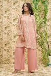 Shop_Aariyana Couture_Peach Kurta-organza And Pant- Viscose Jaal Kurta & Flared Set  _Online_at_Aza_Fashions