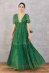 Buy_Torani_Green Handwoven Thin Chanderi Embroidery V Neck Panna Seher Maxi Dress  _at_Aza_Fashions