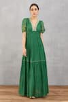 Torani_Green Handwoven Thin Chanderi Embroidery V Neck Panna Seher Maxi Dress  _Online_at_Aza_Fashions