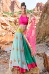 Buy_Xoxo Apurva_Blue Raw Silk, Georgette High Neck 3d Embroidered Lehenga Set _at_Aza_Fashions