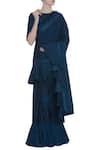 Buy_Shagun Manchanda_Blue Satin Linen Abstract And Ruffle Saree With Thread Embroidery  _at_Aza_Fashions