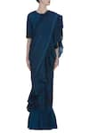 Buy_Shagun Manchanda_Blue Satin Linen Abstract And Ruffle Saree With Thread Embroidery  _Online_at_Aza_Fashions