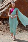 Buy_XOXO Apurva_Blue Georgette High Neck 3d Embroidered Pre-draped Pant Saree  _at_Aza_Fashions