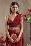 Jade by Monica and Karishma_Maroon French Chiffon Ruffle Pre-stitched Saree With Blouse_Online_at_Aza_Fashions