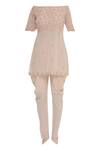 Arpan Vohra_Peach Cutdana, Pearl And Sequin Work One Shoulder Floral Embroidered Kurta Set _Online_at_Aza_Fashions