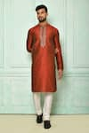 Buy_Arihant Rai Sinha_Red Silk Embroidered Floral Pattern Placket Kurta _at_Aza_Fashions