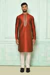 Shop_Arihant Rai Sinha_Red Silk Embroidered Floral Pattern Placket Kurta _Online_at_Aza_Fashions