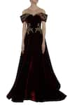 Buy_Karleo_Maroon Velvet Round Embroidered Cold Shoulder Gown  _at_Aza_Fashions