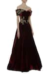 Karleo_Maroon Velvet Round Embroidered Cold Shoulder Gown  _Online_at_Aza_Fashions