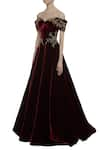 Buy_Karleo_Maroon Velvet Round Embroidered Cold Shoulder Gown  _Online_at_Aza_Fashions