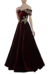 Shop_Karleo_Maroon Velvet Round Embroidered Cold Shoulder Gown  _Online_at_Aza_Fashions