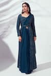 Buy_suruchi parakh_Blue Tussar Silk And Georgette Crepe Lining Jacket & Pre-draped Saree Set_at_Aza_Fashions