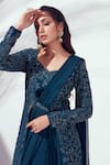 Shop_suruchi parakh_Blue Tussar Silk And Georgette Crepe Lining Jacket & Pre-draped Saree Set_Online_at_Aza_Fashions