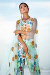 Shop Xoxo Apurva Blue Organza, Chanderi Silk Mandarin Collar Embroidered Cape And Tulip Pant Set at Aza Fashions Shop_Xoxo Apurva_Blue Organza, Chanderi Silk Mandarin Collar Embroidered Cape And Tulip Pant Set _at_Aza_Fashions