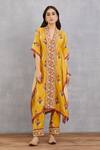 Buy_Torani_Yellow Cotton Silk Embroidery V Neck Sunehra Aqsa Kaftan And Pant Set _at_Aza_Fashions