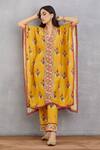 Torani_Yellow Cotton Silk Embroidery V Neck Sunehra Aqsa Kaftan And Pant Set _Online_at_Aza_Fashions