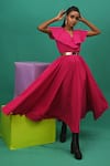 Buy_XOXO Apurva_Pink Cotton Satin V Neck Flared Dress With Mask  _at_Aza_Fashions