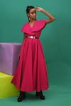 Shop_XOXO Apurva_Pink Cotton Satin V Neck Flared Dress With Mask  _at_Aza_Fashions