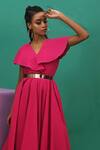 Shop_XOXO Apurva_Pink Cotton Satin V Neck Flared Dress With Mask  _Online_at_Aza_Fashions