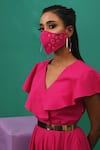 XOXO Apurva_Pink Cotton Satin V Neck Flared Dress With Mask  _at_Aza_Fashions