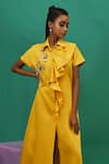 Shop_XOXO Apurva_Yellow Cotton Satin Spread Collar Ruffle Tunic Dress With Mask  _Online_at_Aza_Fashions