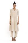 Abraham And Thakore_Beige Cotton V Neck Polka Dots Kurta_Online_at_Aza_Fashions
