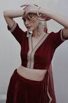 Buy_Shrutkirti_Red Silk Velvet Embellished V Neck Zoya Lehenga Set _Online_at_Aza_Fashions