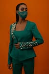 XOXO Apurva_Green Cotton Twill V Neck Embellished Blazer And Pant Set _at_Aza_Fashions