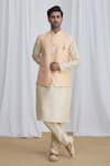 Buy Samyukta Singhania Peach Nehru Jacket And Kurta Jacquard Silk Brocade Pant Banarasi & Set at Aza Fashions Buy_Samyukta Singhania_Peach Nehru Jacket And Kurta Jacquard Silk Brocade Pant Banarasi & Set_at_Aza_Fashions