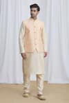 Samyukta Singhania Peach Nehru Jacket And Kurta Jacquard Silk Brocade Pant Banarasi & Set Online at Aza Fashions Samyukta Singhania_Peach Nehru Jacket And Kurta Jacquard Silk Brocade Pant Banarasi & Set_Online_at_Aza_Fashions