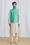 Samyukta Singhania_Green Lining Faux Satin, Pant Dupion Art Silk, Nehru Jacket Banarasi And Set_Online_at_Aza_Fashions