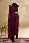 Buy_Tarun Tahiliani_Maroon One Shoulder Draped Jumpsuit_at_Aza_Fashions