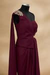 Buy_Tarun Tahiliani_Maroon One Shoulder Draped Jumpsuit_Online_at_Aza_Fashions