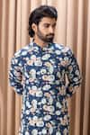 Buy_Ankit V Kapoor_Blue Cotton, Silk Embroidery Kamal Lotus Print Kurta Set_Online_at_Aza_Fashions