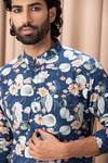 Shop_Ankit V Kapoor_Blue Cotton, Silk Embroidery Kamal Lotus Print Kurta Set_Online_at_Aza_Fashions