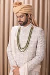 Ankit V Kapoor_Beige Cotton Embroidery Thread Imran Geometric Pattern Sherwani Set _at_Aza_Fashions