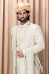 Ankit V Kapoor_Green Cotton Embroidery Thread Fahad Honeycomb Pattern Sherwani Set _at_Aza_Fashions