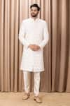 Buy_Ankit V Kapoor_Ivory Cotton Embroidery Thread Fahad Leaves Sherwani Set _Online_at_Aza_Fashions