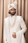 Shop_Ankit V Kapoor_Ivory Cotton Embroidery Thread Faizan Anchor Sherwani Set _Online_at_Aza_Fashions