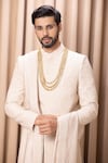 Buy_Ankit V Kapoor_Beige Cotton Embroidery Paisley Faizan Sherwani Set With Stole _Online_at_Aza_Fashions