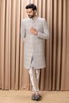 Buy_Ankit V Kapoor_Grey Cotton Embroidery Thread Shah Diamond Sherwani Set _Online_at_Aza_Fashions