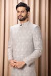 Shop_Ankit V Kapoor_Grey Cotton Embroidery Thread Shah Diamond Sherwani Set _Online_at_Aza_Fashions