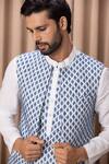 Shop_Ankit V Kapoor_Blue Cotton And Silk Embroidered Floral Patterns Azaan Nehru Jacket Kurta Set _Online_at_Aza_Fashions