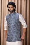 Buy_Ankit V Kapoor_Blue Pure Georgette Embroidery Thread Fahad Mandarin Collar Bundi And Kurta Set _Online_at_Aza_Fashions