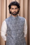 Ankit V Kapoor_Blue Pure Georgette Embroidery Thread Fahad Mandarin Collar Bundi And Kurta Set _at_Aza_Fashions