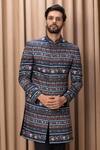 Ankit V Kapoor_Blue Cotton, Silk Lakeer Printed Bandhgala Jacket And Trouser Set _Online_at_Aza_Fashions