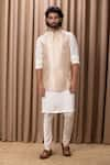 Ankit V Kapoor_Beige Raw Silk Hand Embroidered Mirror Work Hasan Nehru Jacket _Online_at_Aza_Fashions